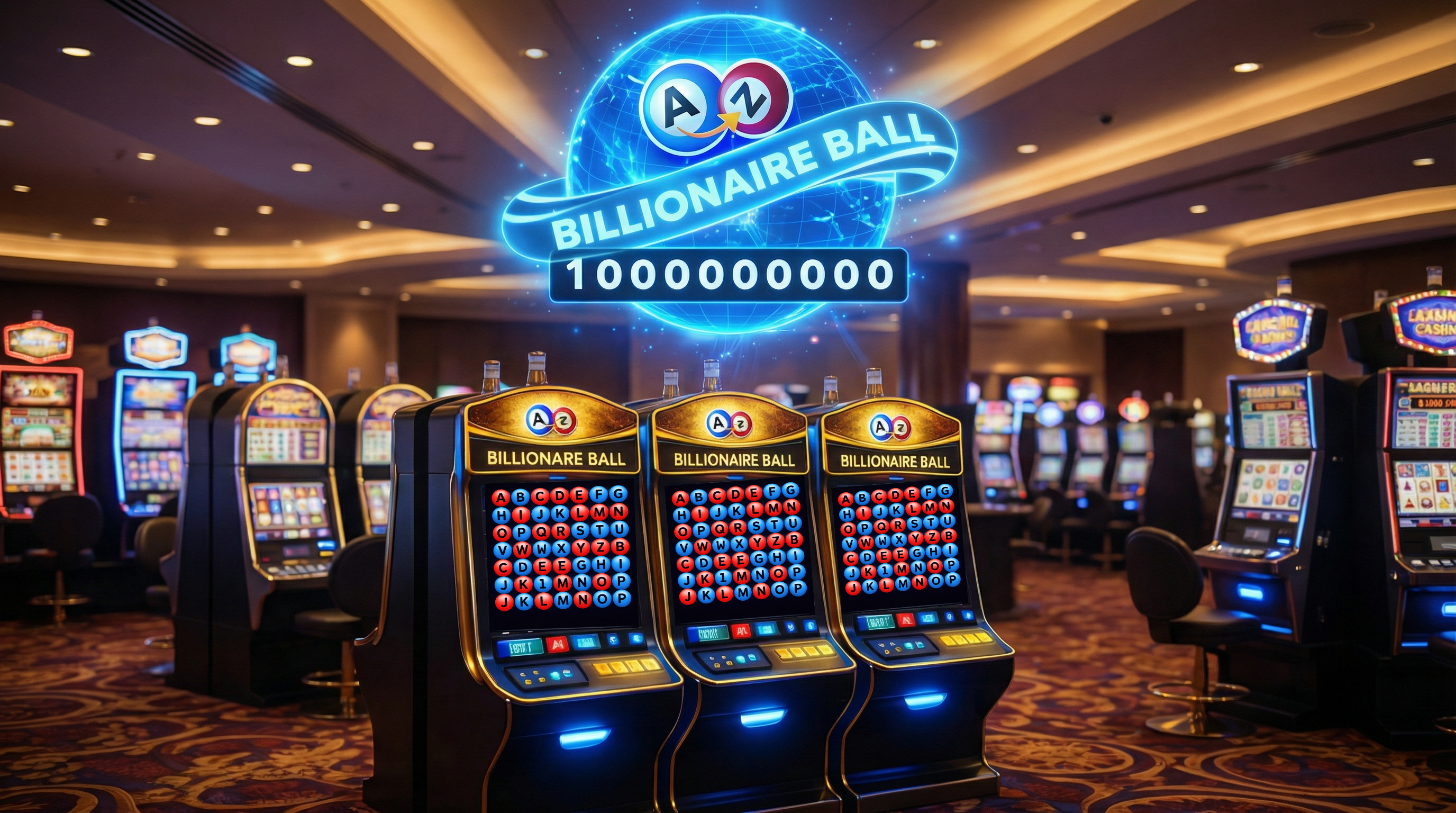 Billionaire Ball Casino Floor - Holographic jackpot counter suspended above premium slot machines